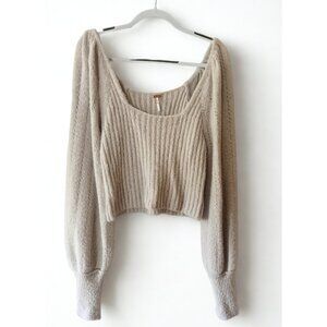Free People Katie Ribbed Cropped Sweater Cream Peasant Balloon Sleeve L